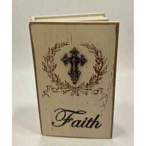 Faith Keepsake Storage Box Book with Cross Embellishment Vtg Inspired Distressed